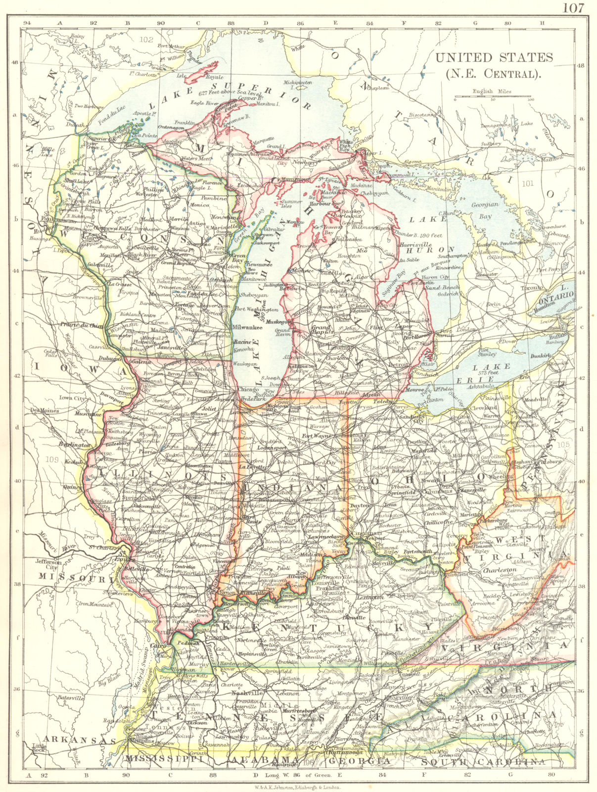 USA MID WEST. Wisconsin Michigan Illinois Ohio Indiana Kentucky TN 1899 map