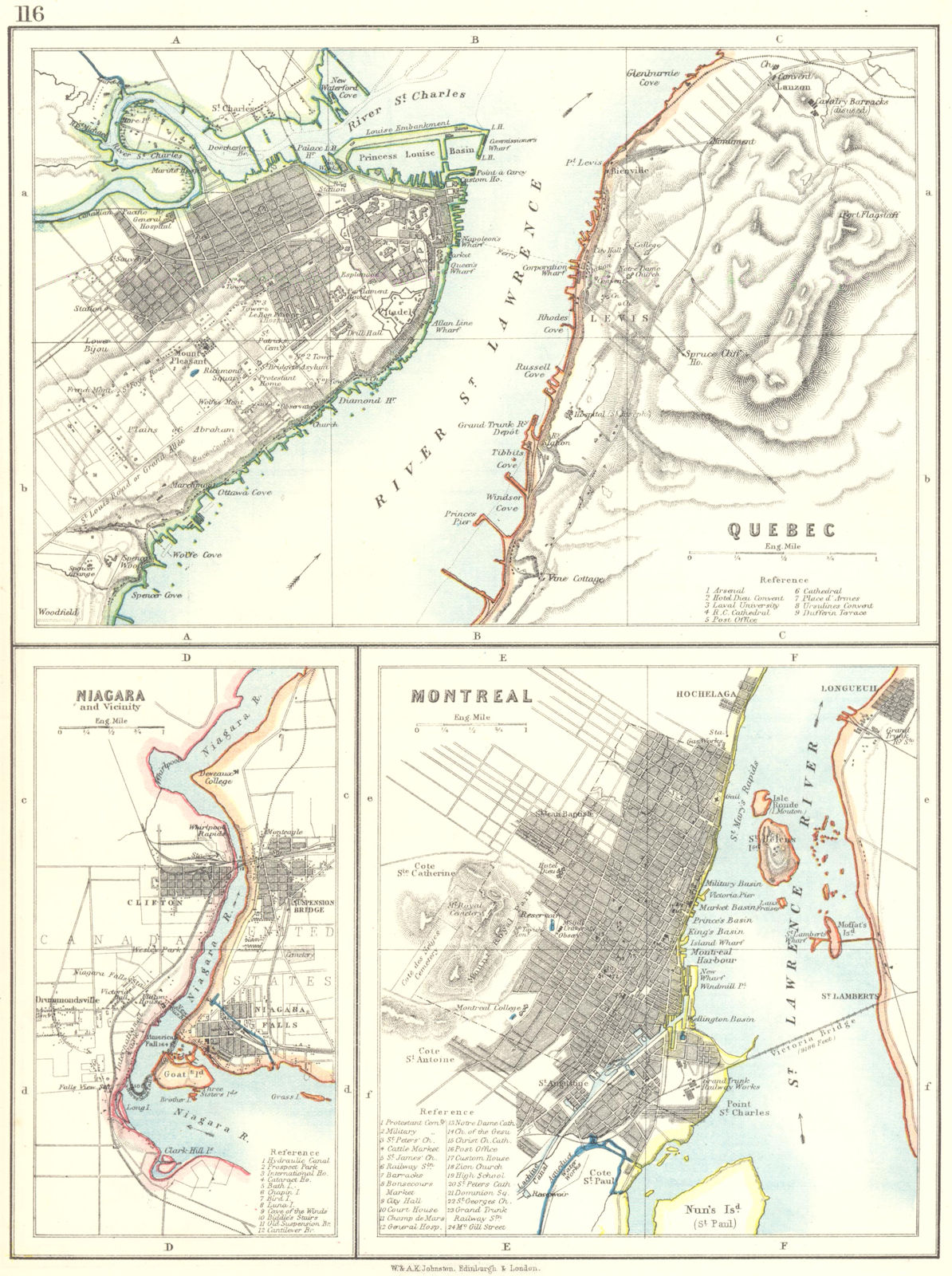 Associate Product CANADIAN CITIES.Quebec Montreal Montréal Niagara Falls plans. JOHNSTON 1899 map