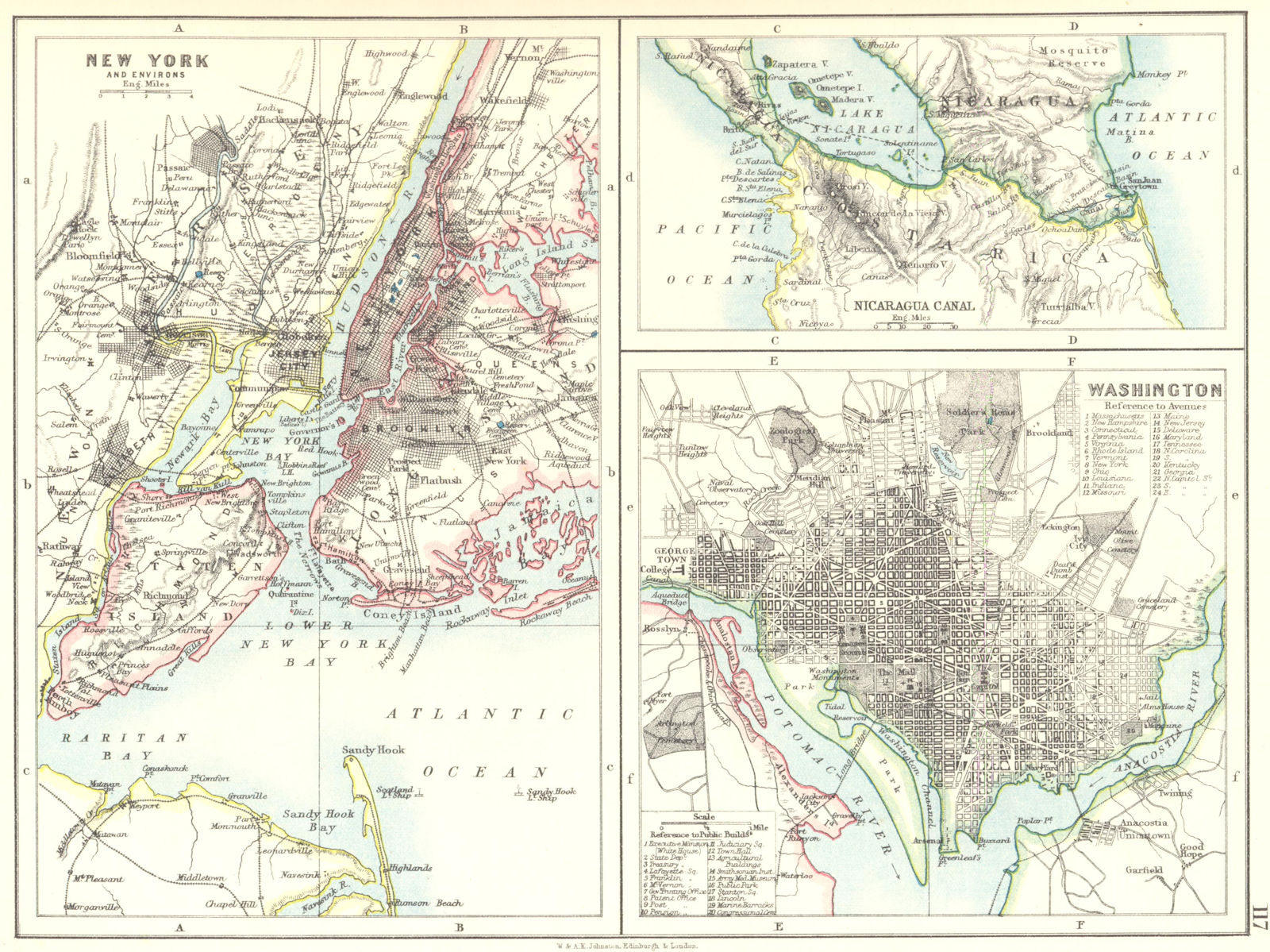 Associate Product US CITIES/NICARAGUA CANAL.New York & Washington plans. JOHNSTON 1899 old map