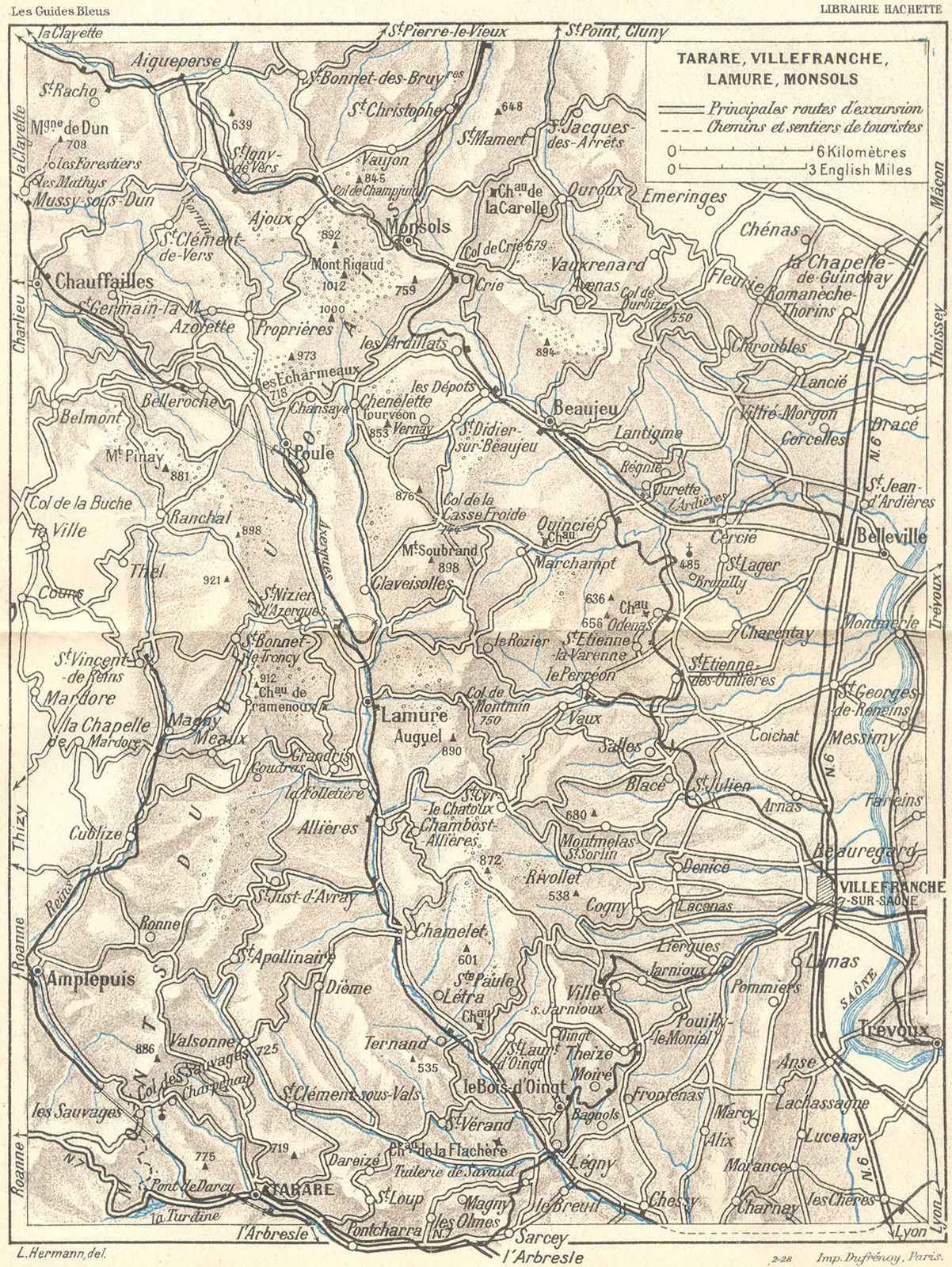 DIJON. Lyon. Tarare, Villefranche, Lamure, Monsols 1924 old vintage map chart
