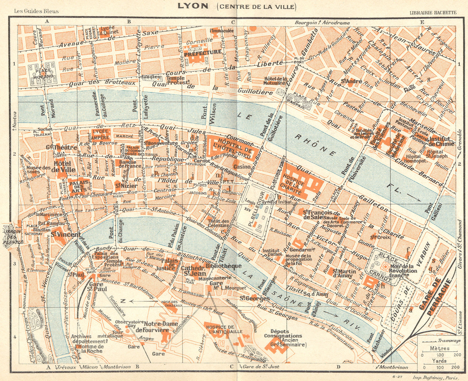 RHÔNE. Lyon. (Centre de Ville) 1924 old vintage map plan chart
