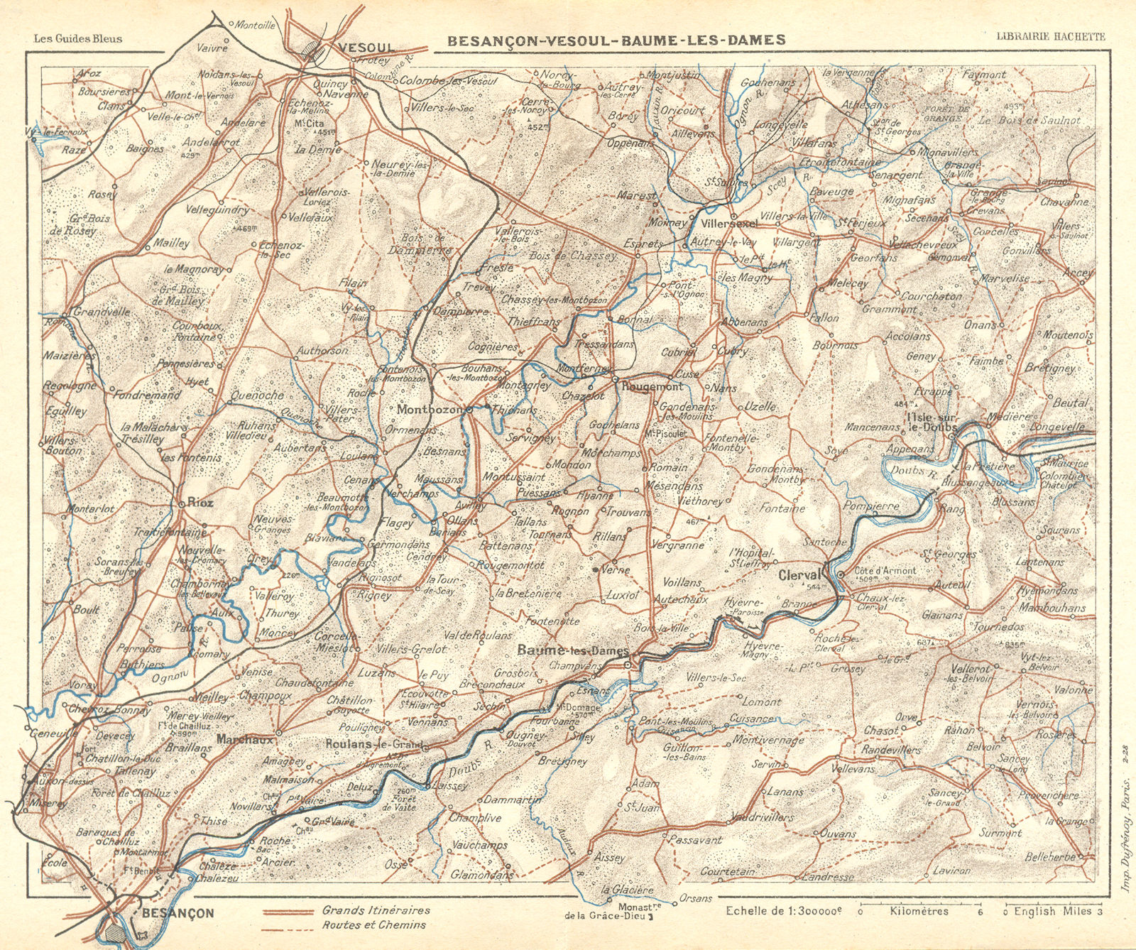 BESANÇON. De a Belfort. Vesoul-Baume-Dames 1924 old vintage map plan chart