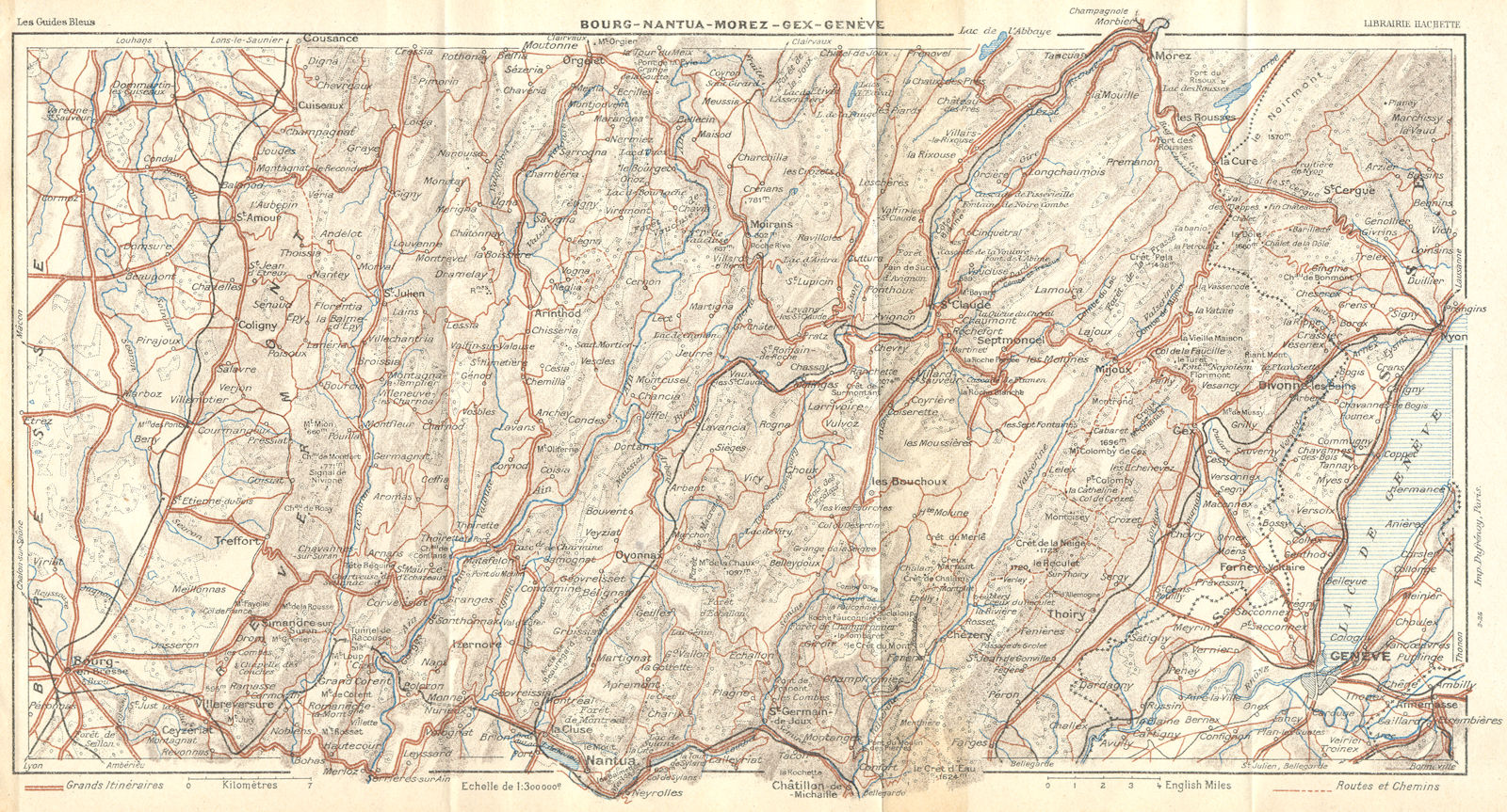 FRANCE. Bourg-Nantua-Morez-Gex-Genève(Geneva) 1924 old vintage map plan chart
