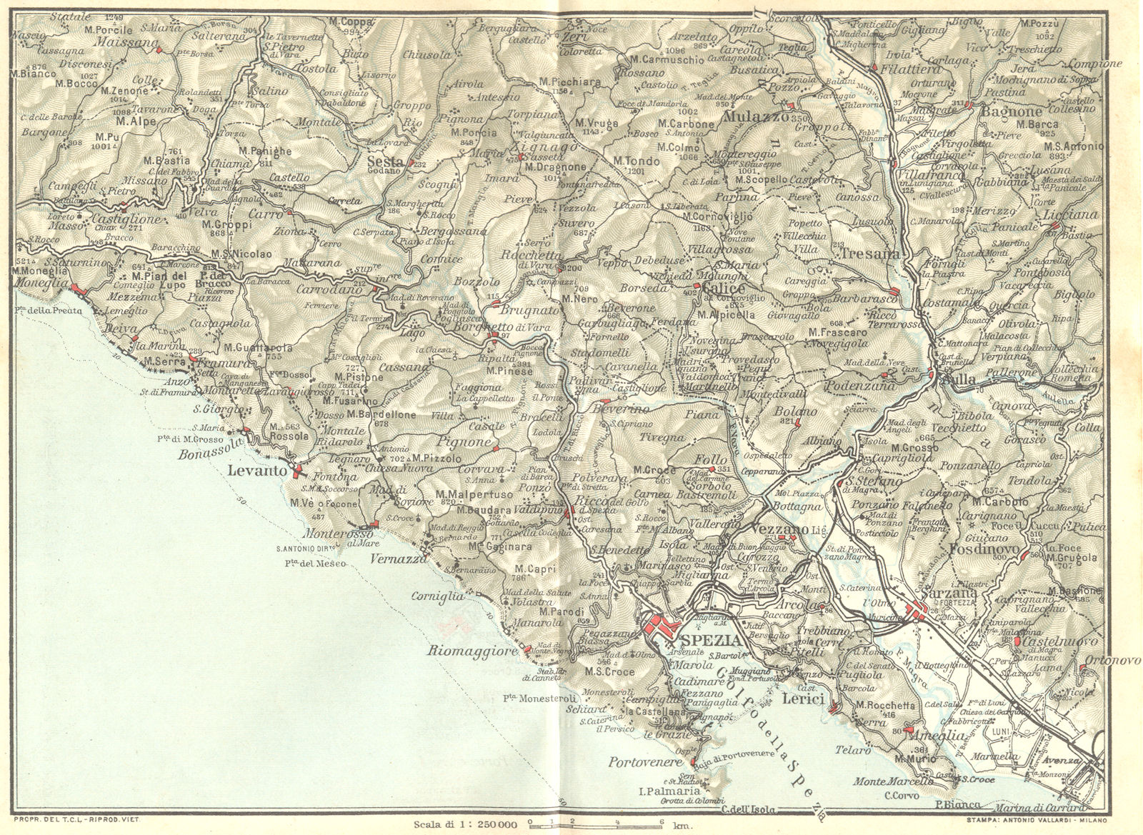 ITALY. Moneglia La Spezia Levanto Sarzana 1926 old vintage map plan chart
