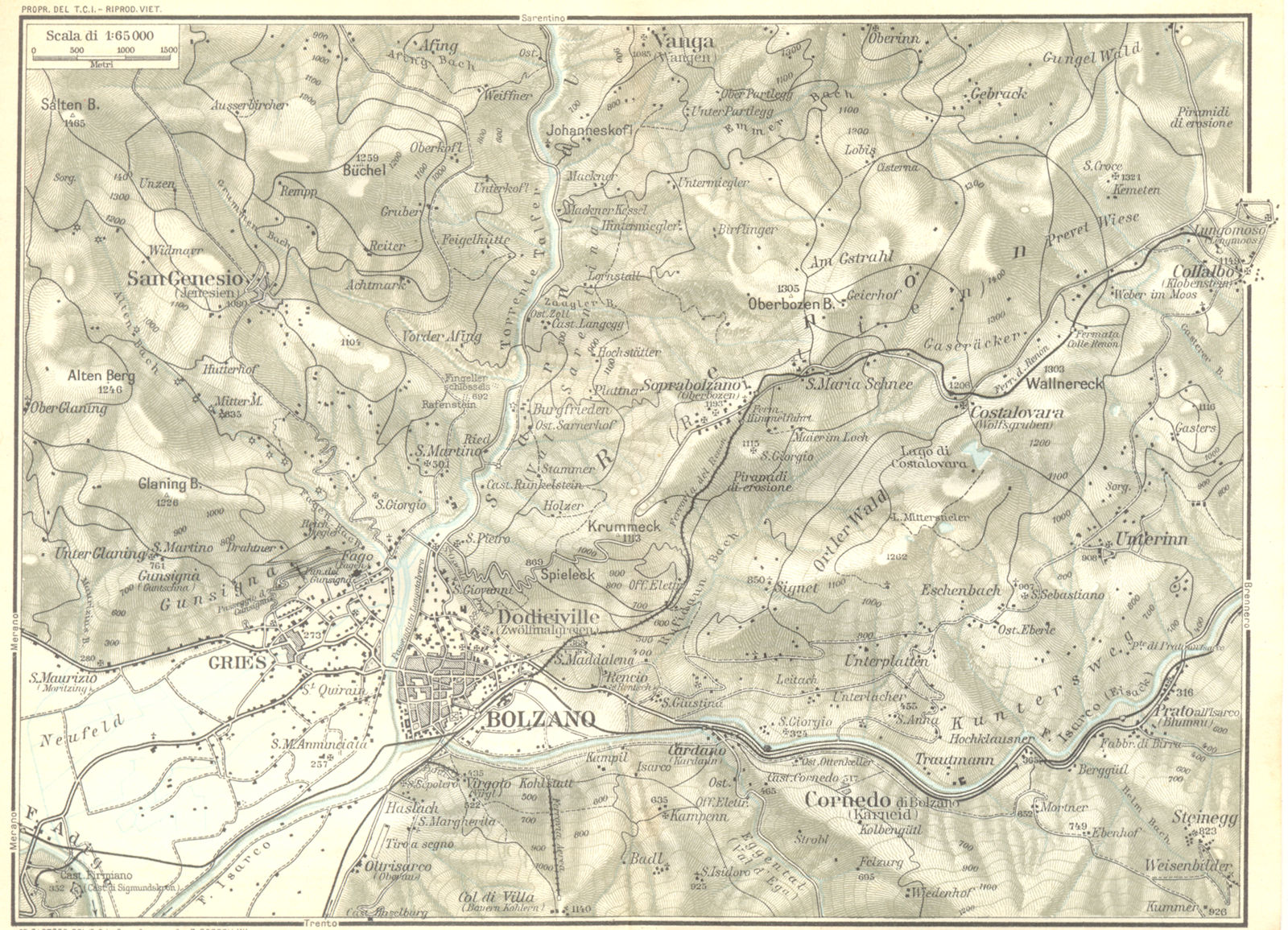 ITALY. Venetie Tridentine. Area de Bolzano 1926 old vintage map plan chart