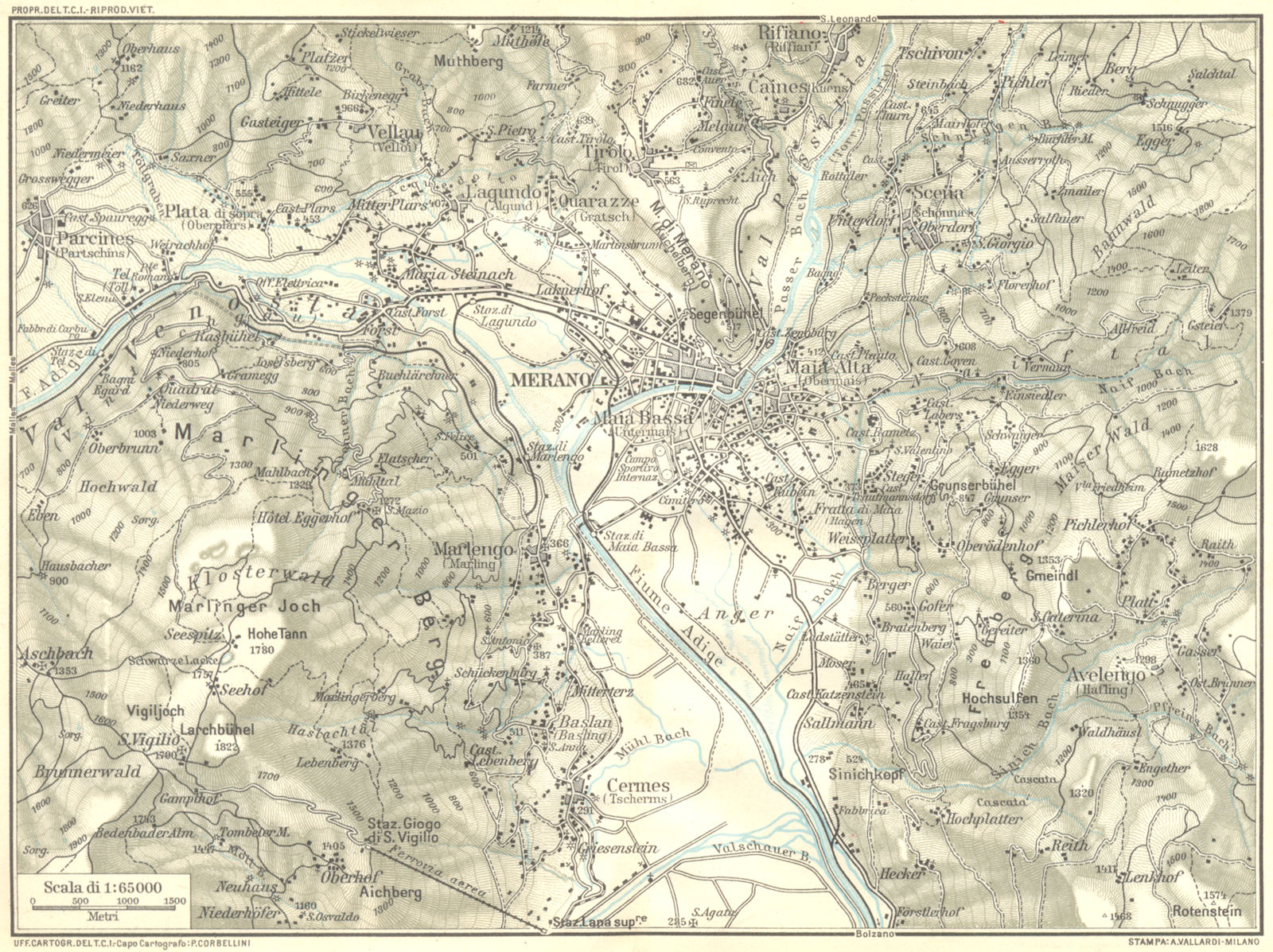 ITALY. Venetie Tridentine. Area de Merano 1926 old vintage map plan chart
