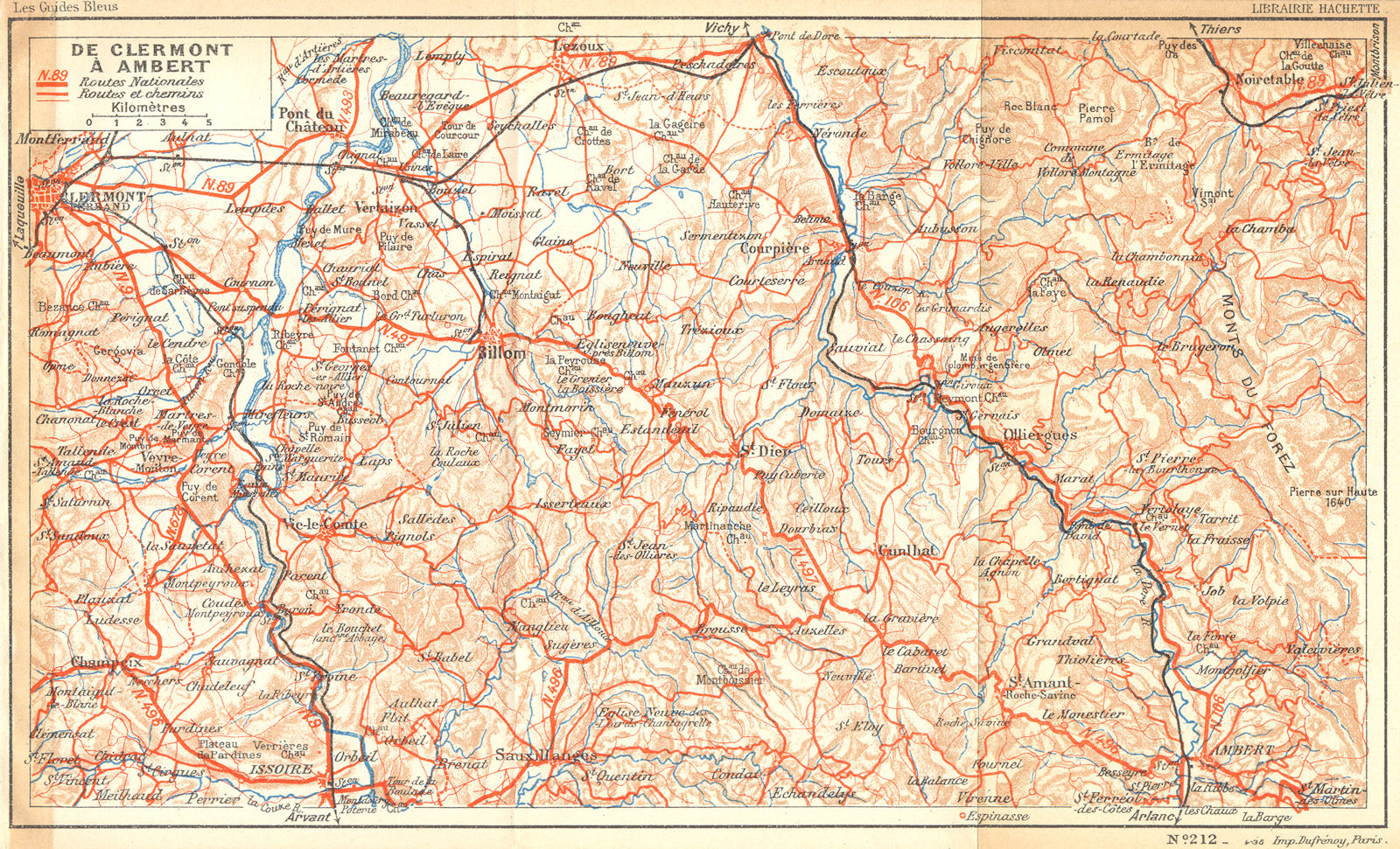 PARIS. De Clermont a Ambert 1935 old vintage map plan chart