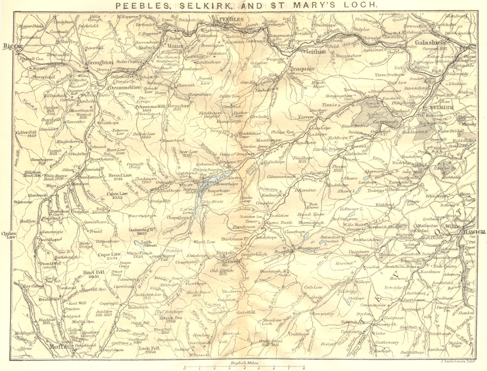 SCOTLAND. Peebles Selkirk & St Mary's Loch. Moffat & Hawick 1887 old map