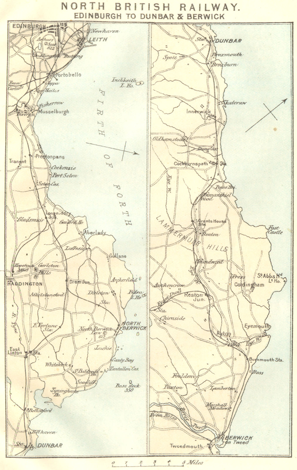 NORTH BRITISH RAILWAY. Edinburgh to Dunbar & Berwick-upon-Tweed 1887 old map