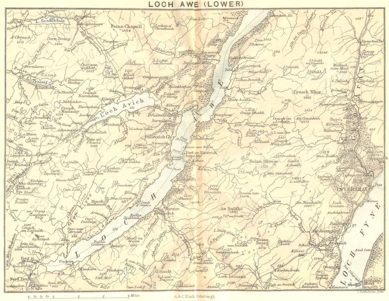 SCOTLAND. Loch Awe(Lower). Loch Fyne. Inverary 1887 old antique map plan chart