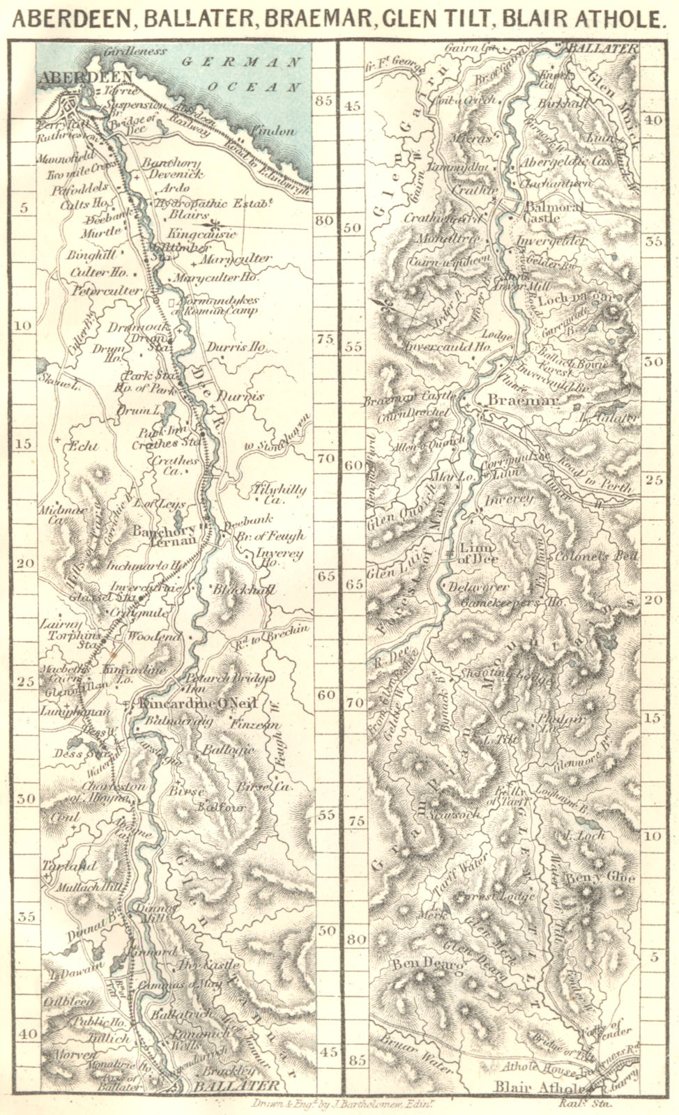 ABERDEEN. Ballater, Braemar, Tilt, Blair Athole 1887 old antique map chart