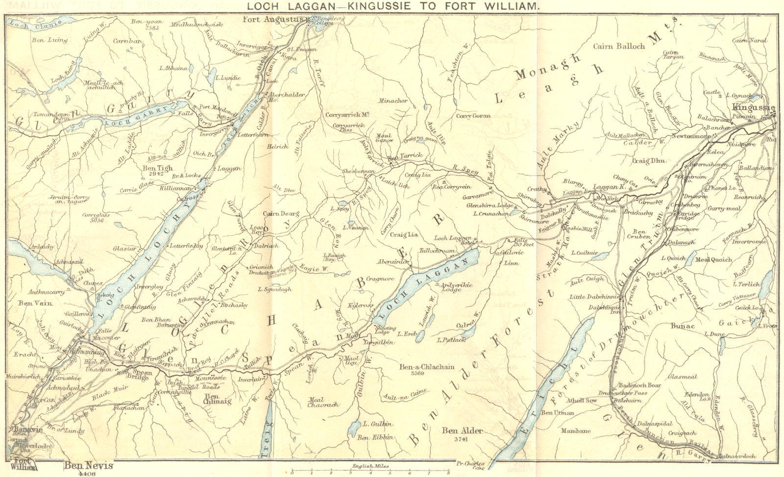 SCOTLAND. Loch Laggan-Kingussie to Fort William 1887 old antique map chart