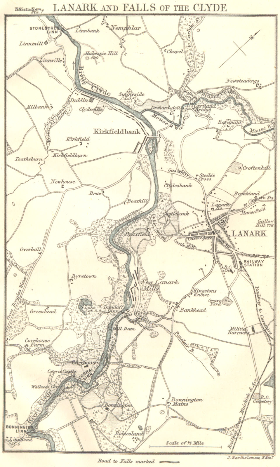 SCOTLAND. Lanark & the falls of Clyde. 1887 old antique vintage map plan chart