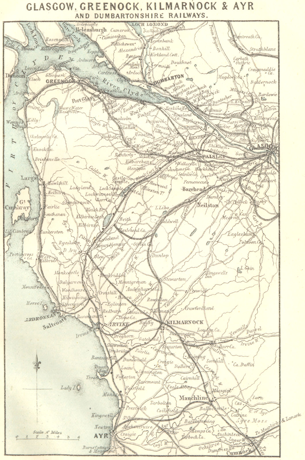 FIRTH OF CLYDE. Glasgow Greenock Kilmarnock Ayr Dumbartonshire Railway 1887 map