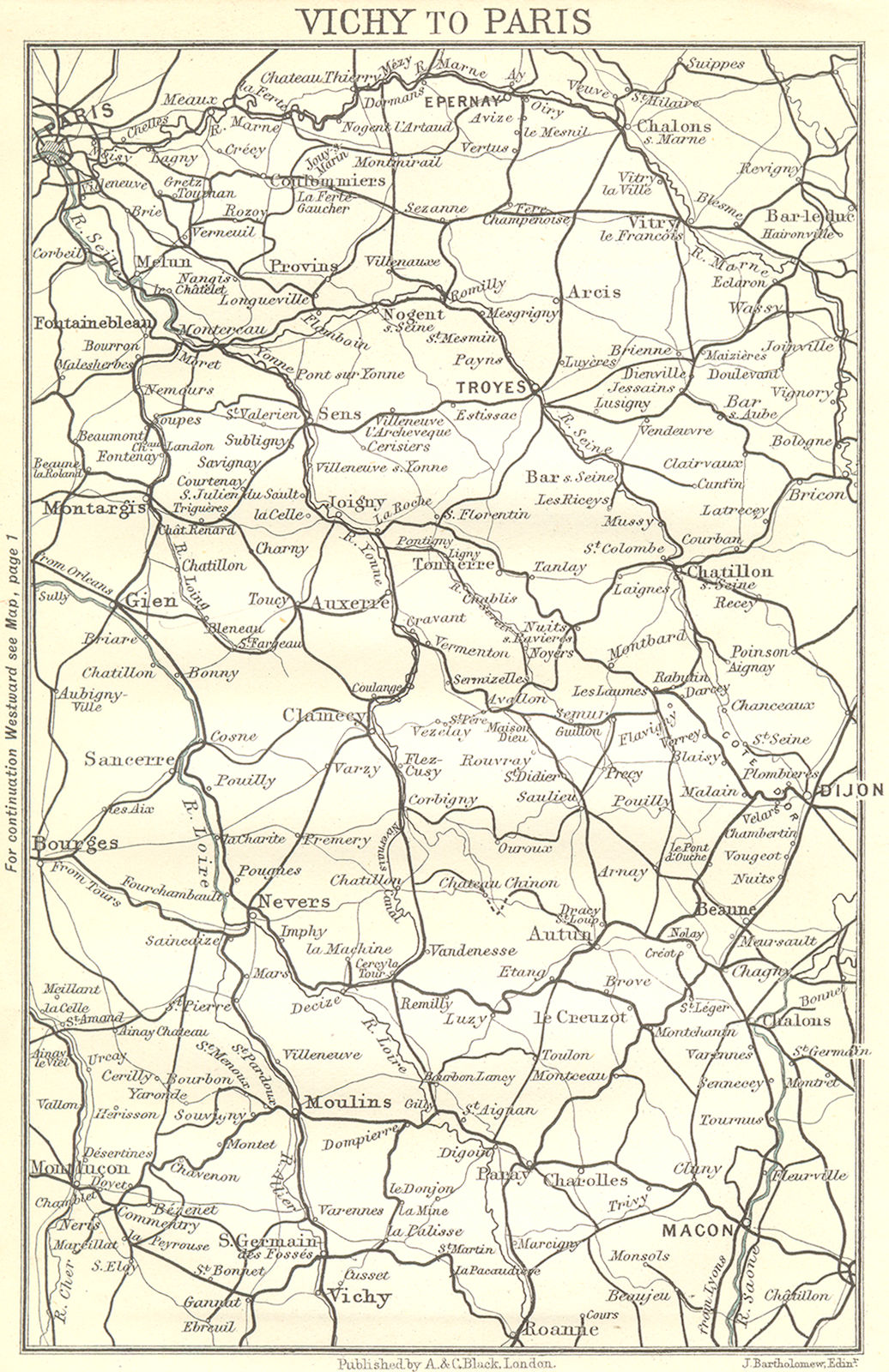 ALLIER. Vichy to Paris 1909 old antique vintage map plan chart