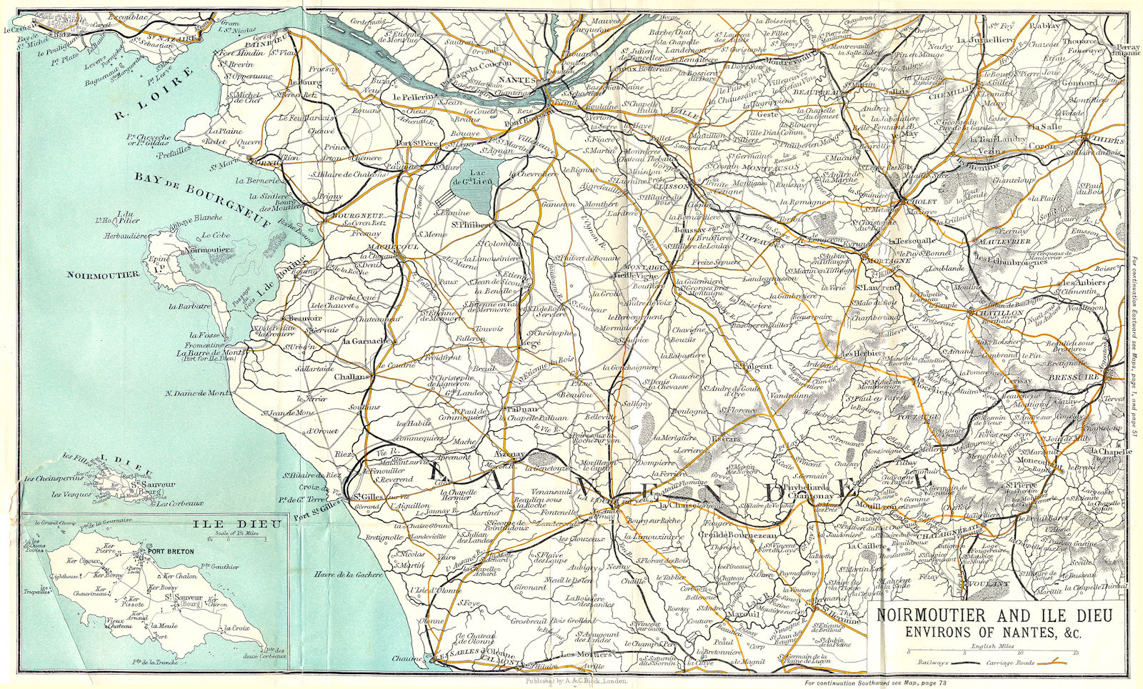 NANTES. Noirmoutier & Ile Dieu area of 1909 old antique vintage map plan chart