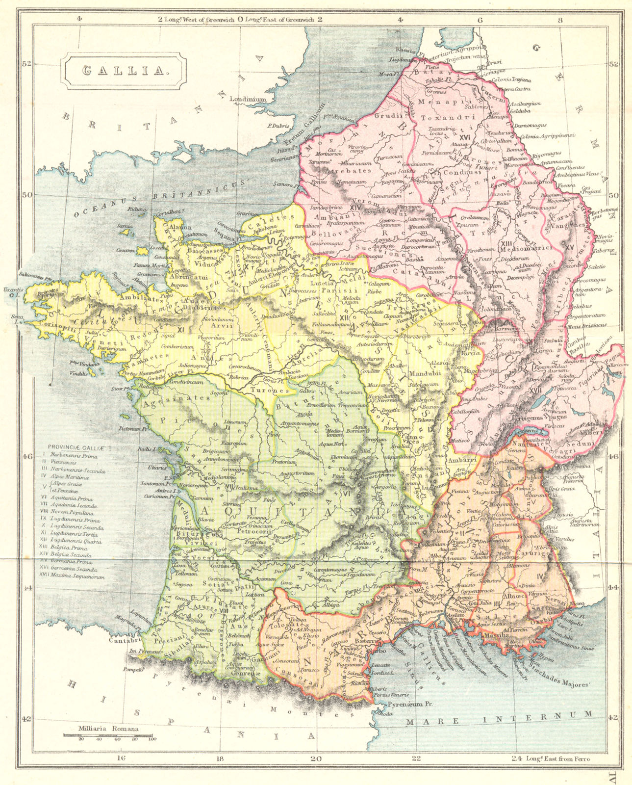 FRANCE. Gallia Roman 1908 old antique vintage map plan chart