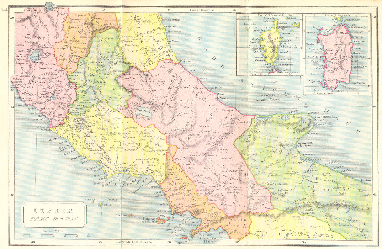ITALY. Middle; Cyrnus vel Corsica Sardo Sardinia 1908 old antique map chart