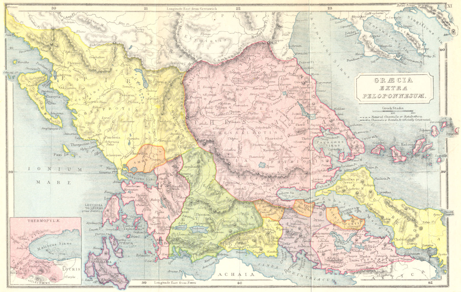 GREECE. Graecia extra Peloponnesum; Thermopylae 1908 old antique map chart