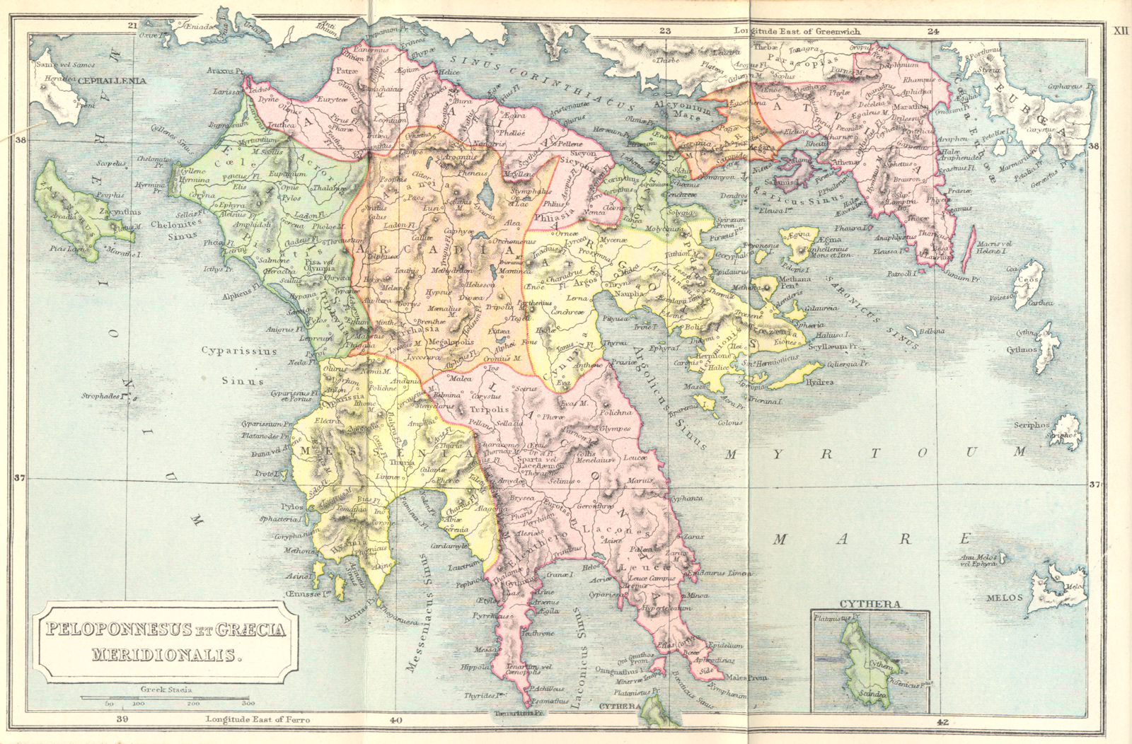 PELOPONNESUS. Graecia Meridionalis; Cythera 1908 old antique map plan chart