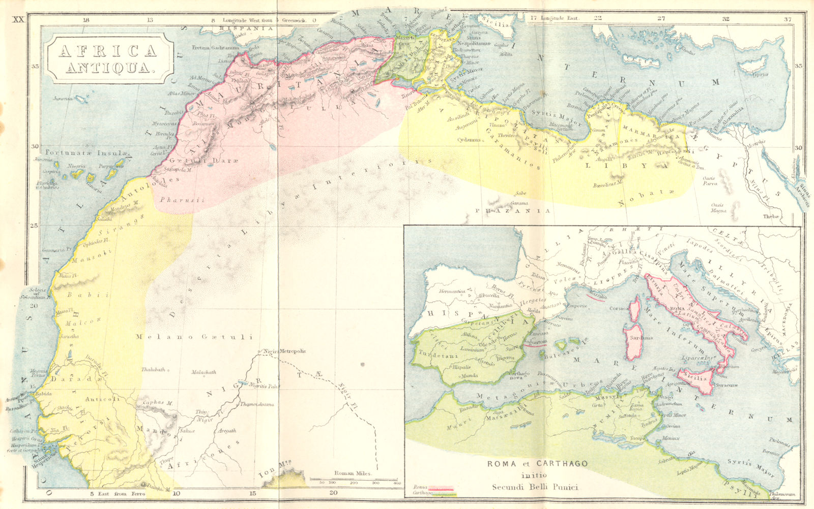 AFRICA. Antiqua; Rome Carthage, start Punic War 1908 old antique map chart
