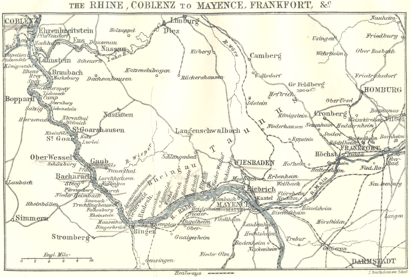 GERMANY. Rhine, Coblenz to Mainz, Frankfurt 1910 old antique map plan chart