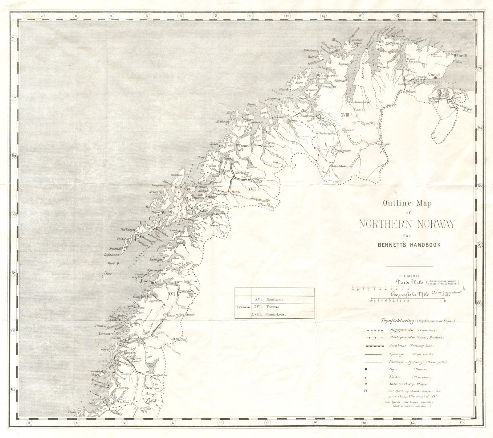 NORTHERN NORWAY showing railways & Rideveje Fjeldveje (horse paths) 1896 map