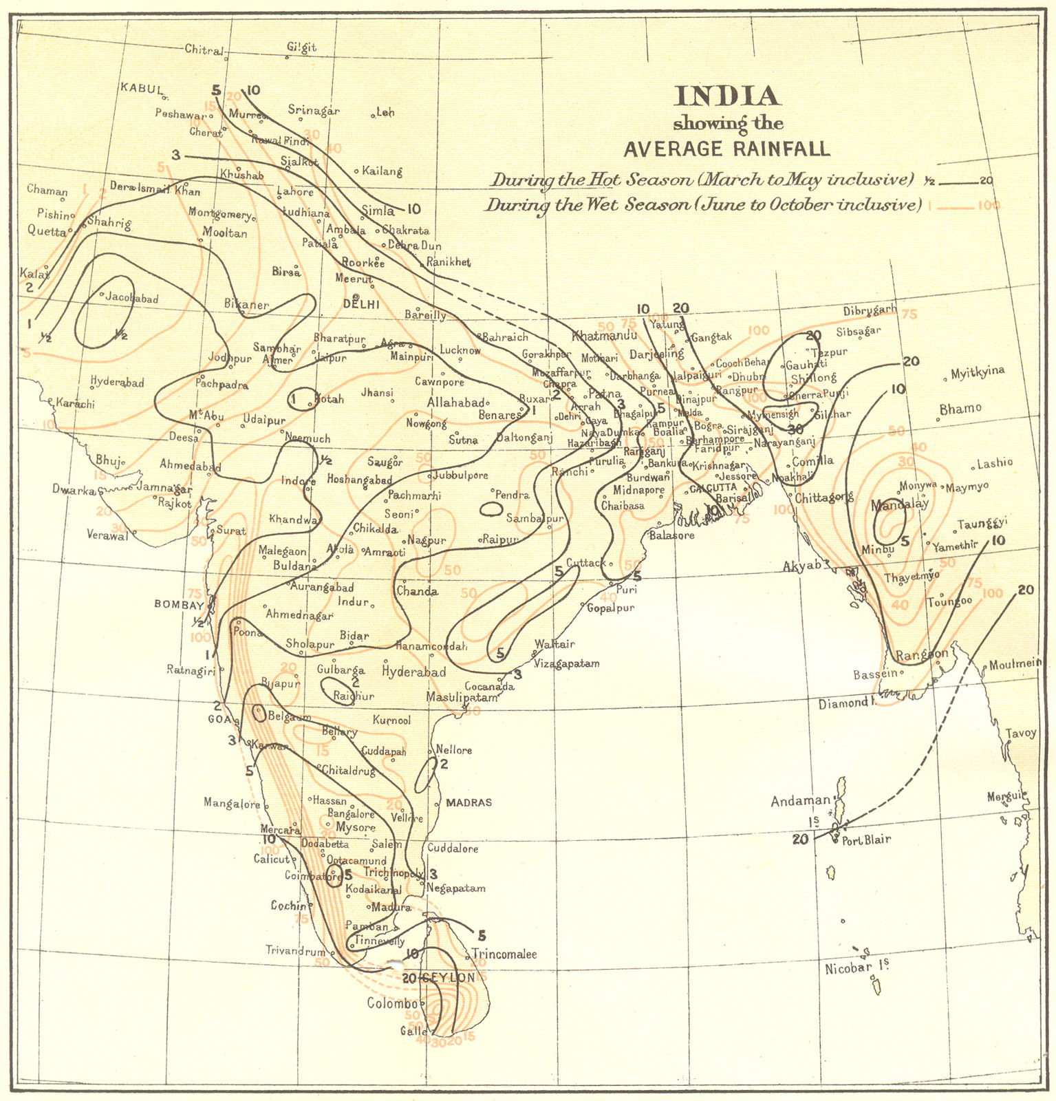 Associate Product INDIA. showing average Rainfall during Monsoon & dry seasons. Isohyets 1924 map