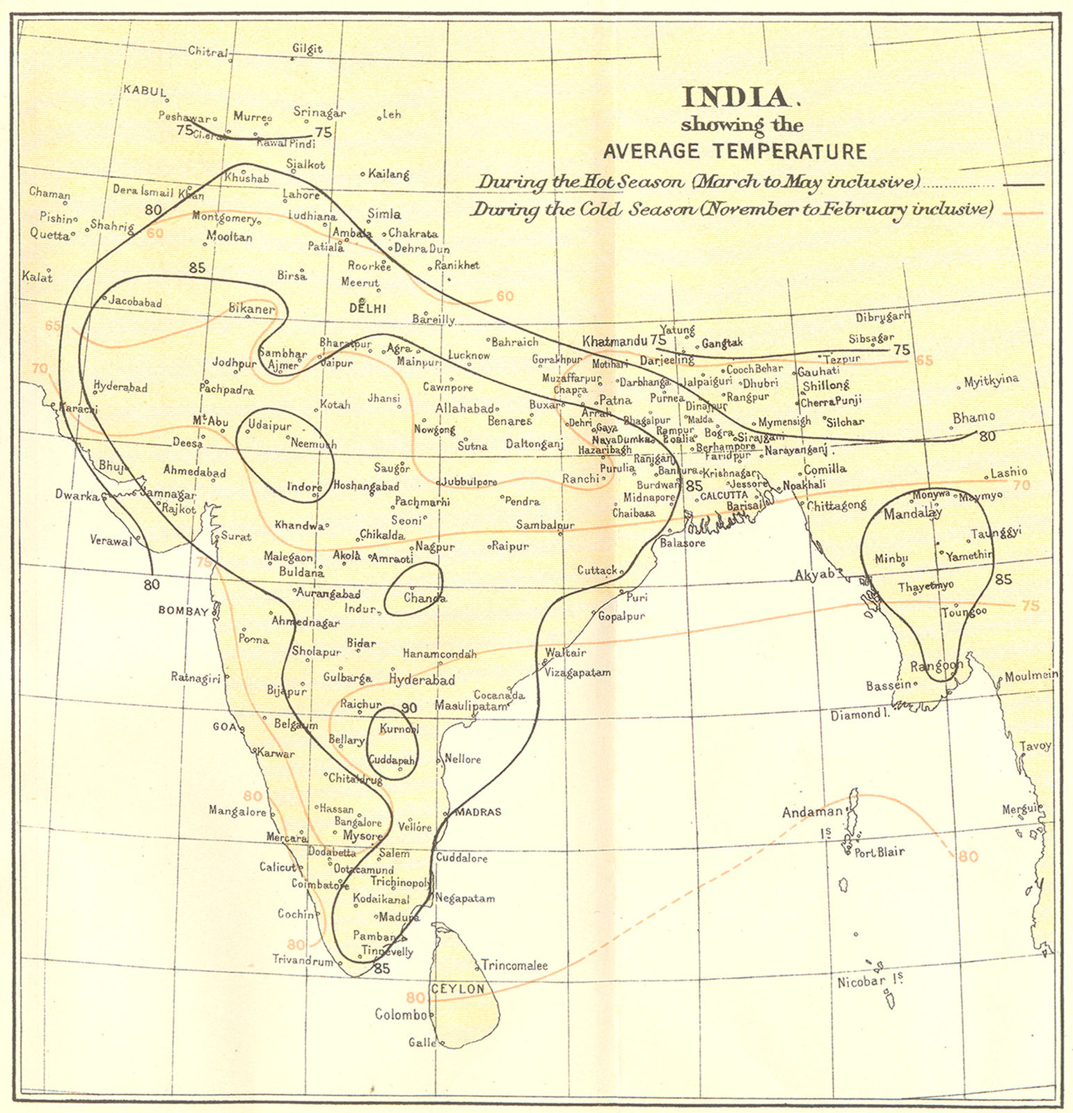 Associate Product INDIA. average Temperature during Monsoon & dry seasons. Isotherms 1924 map