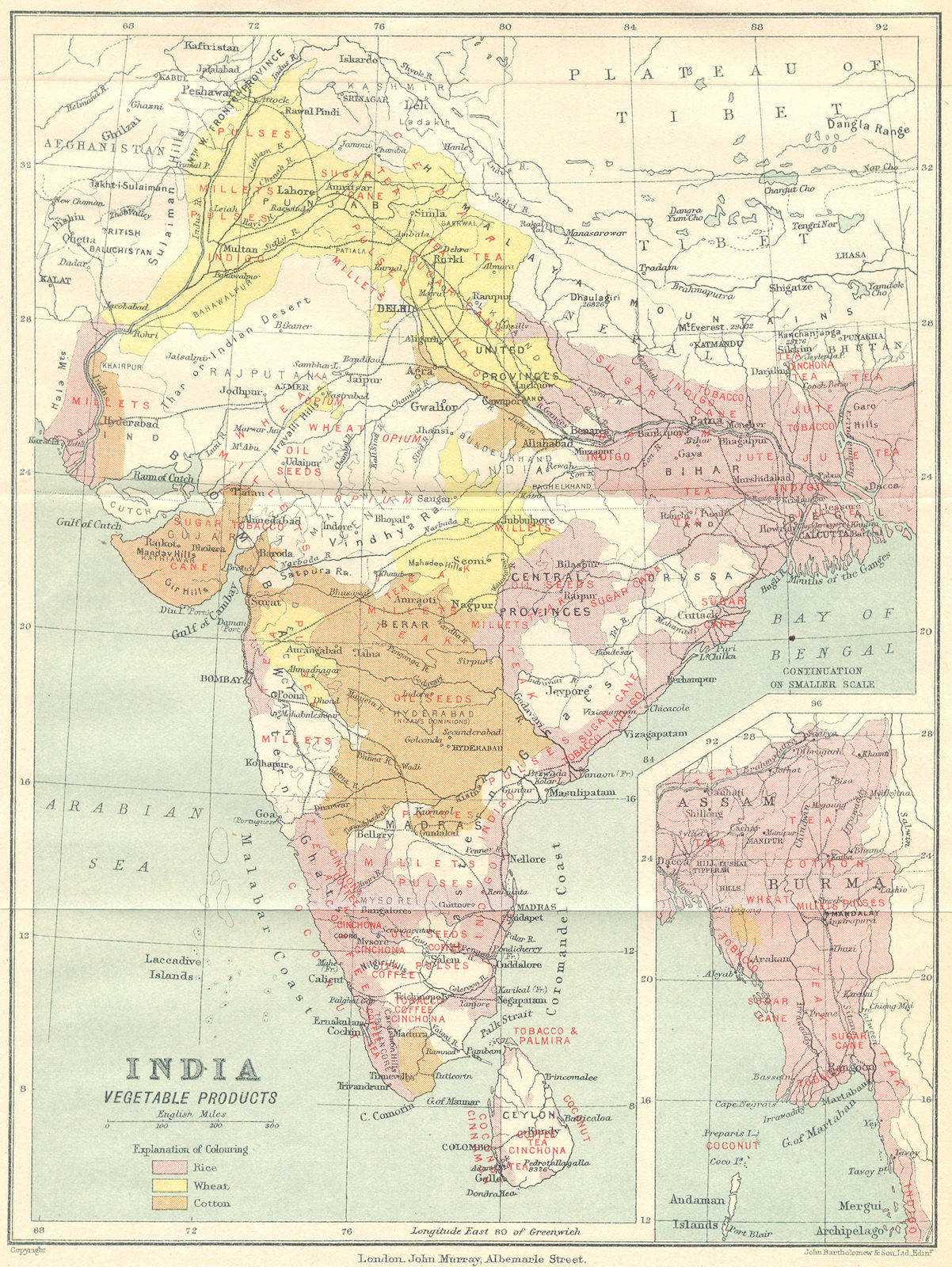 INDIA. Agricultural produce. Rice Wheat Cotton Sugar Opium Coffee Tea 1924 map