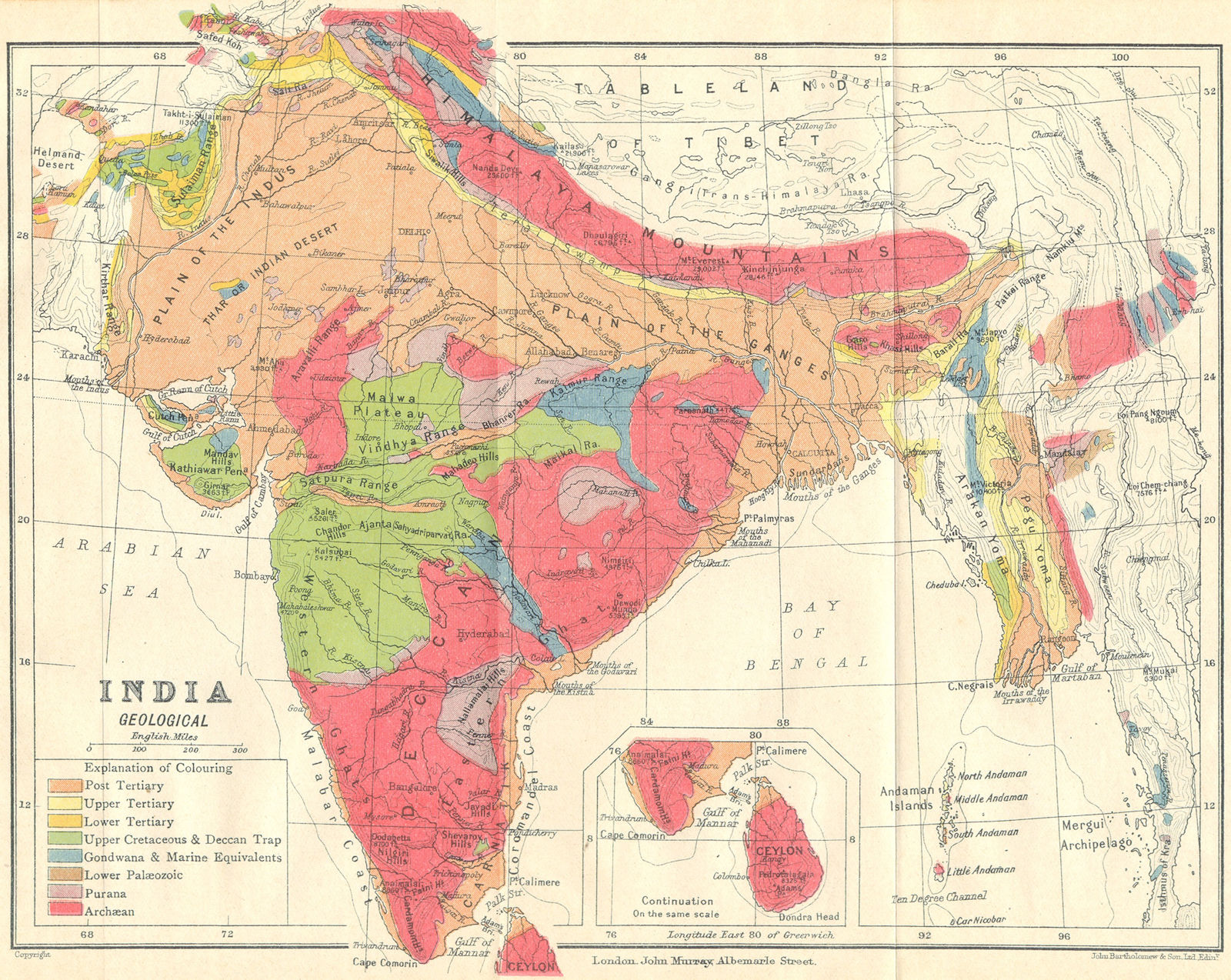 Associate Product INDIA. Geological map. Tertiary Cretaceous Archaean Purana Gondwana 1924