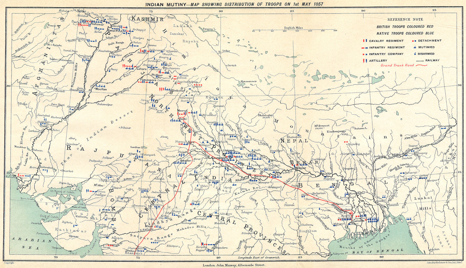 INDIAN MUTINY/REBELLION. British & native troop positions 1 May 1857 1924 map