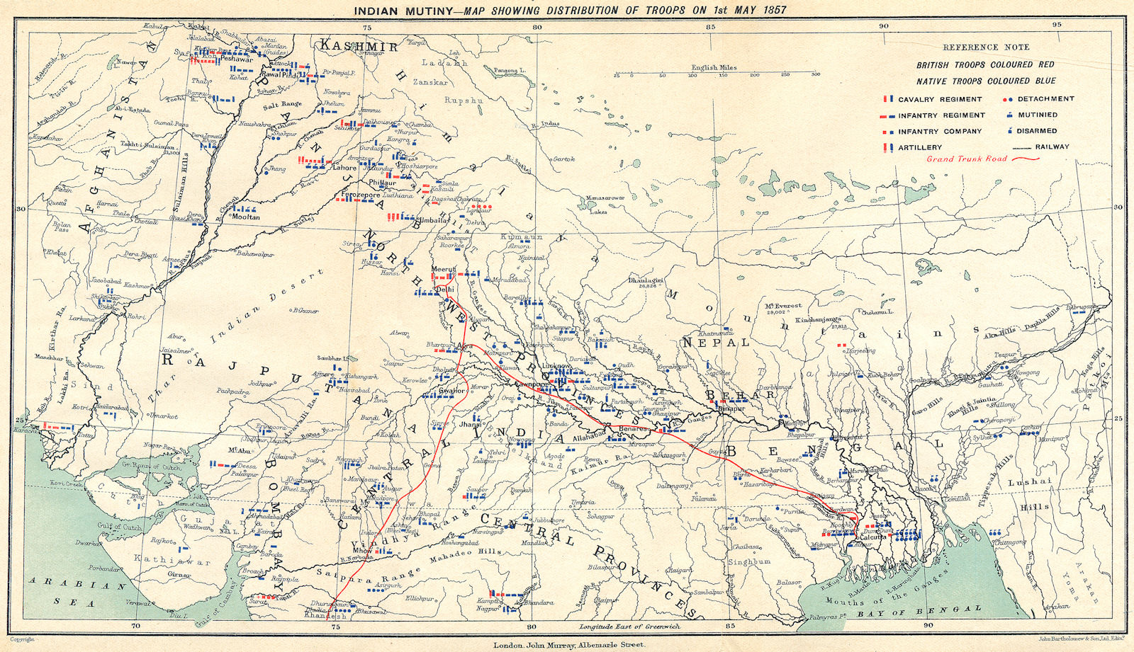 Associate Product INDIAN MUTINY/REBELLION. British & native troop positions 1 May 1857 1924 map