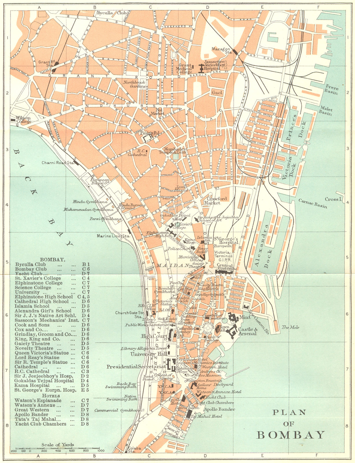 INDIA. Bombay (Mumbai) plan. Clubs schools hospitals theatres hotels 1924 map
