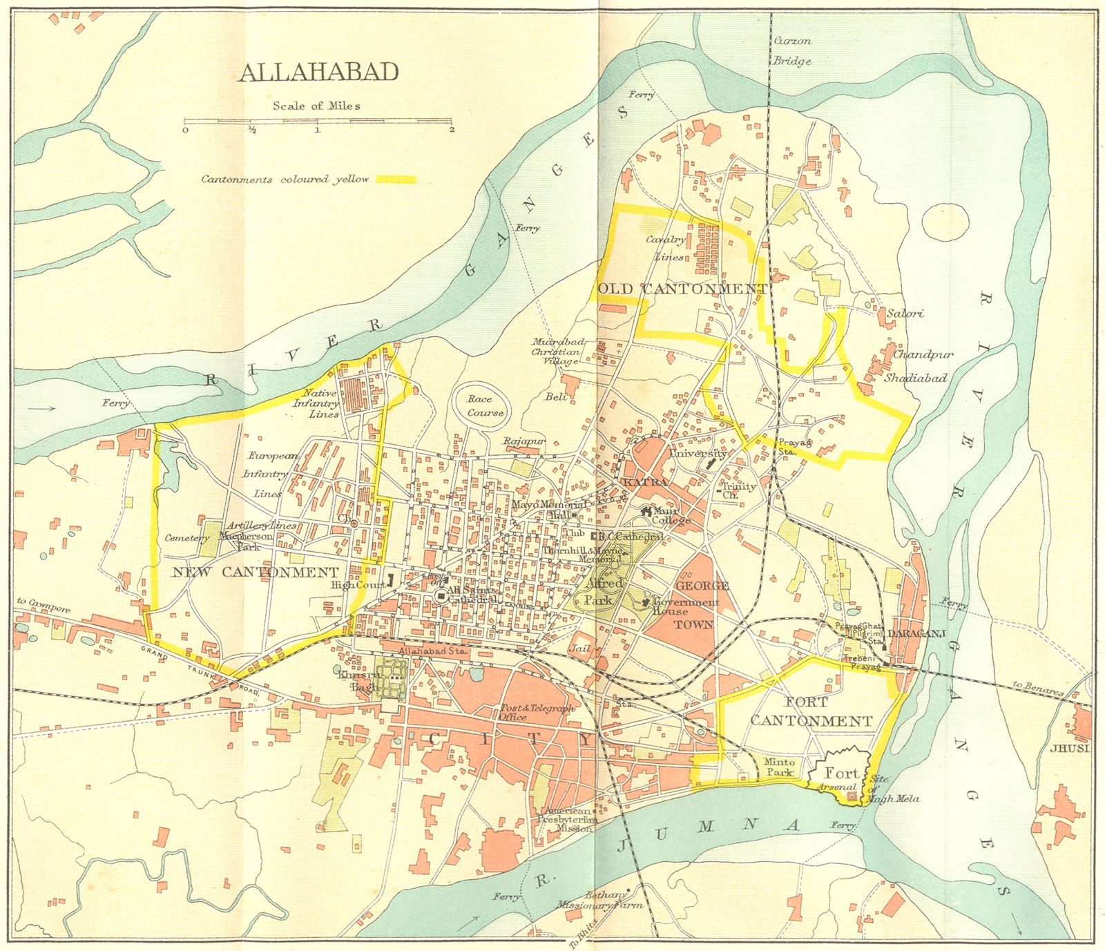 BRITISH INDIA. Allahabad (Prayag) city plan. Cantonment Ganges 1924 old map