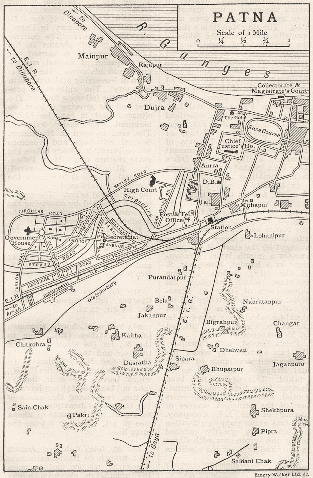 BRITISH INDIA. Patna city plan. Railways buildings Race course Ganges 1924 map