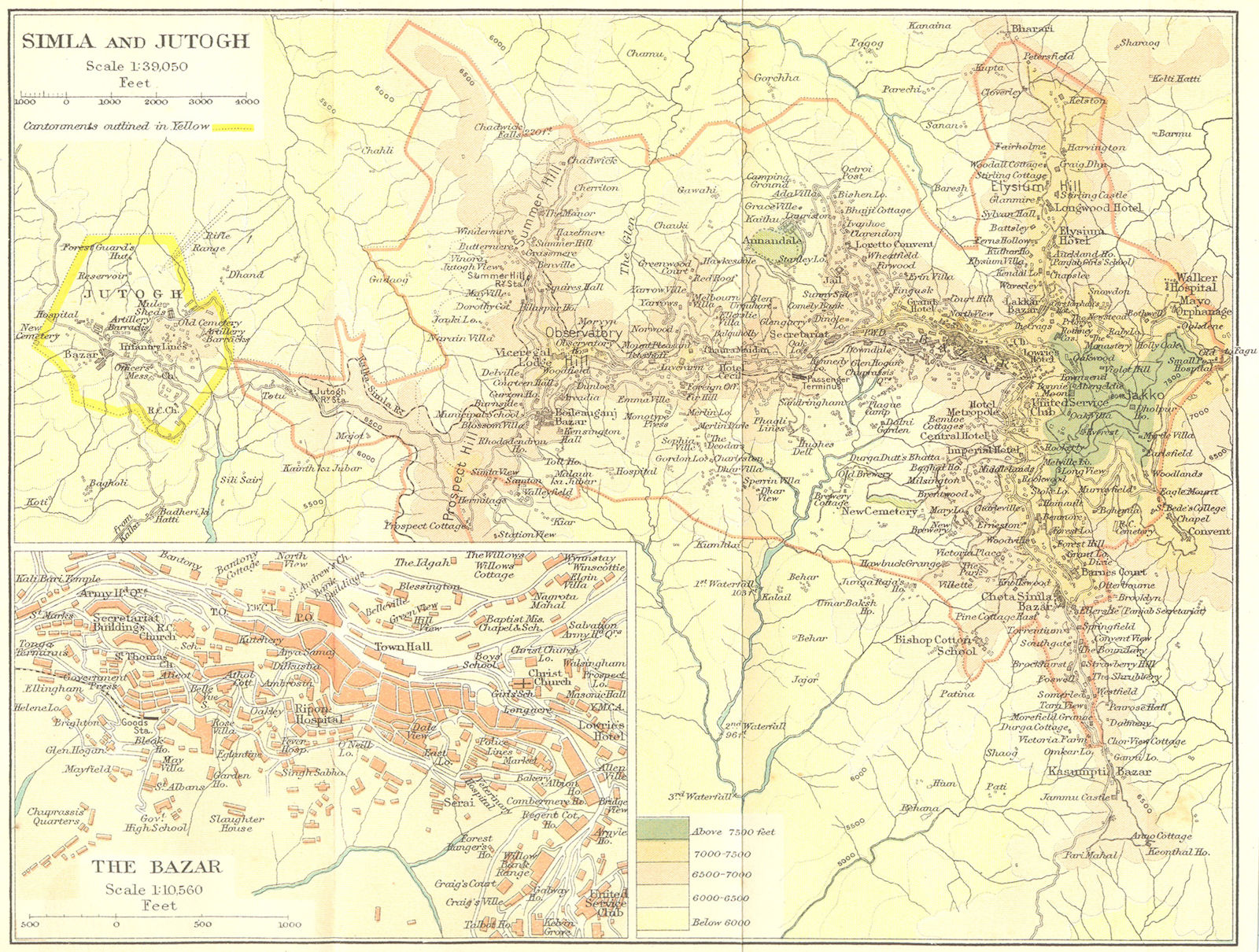 Associate Product BRITISH INDIA. Simla (Shimla) & Jutogh cantonment; inset Lakkar Bazaar 1924 map