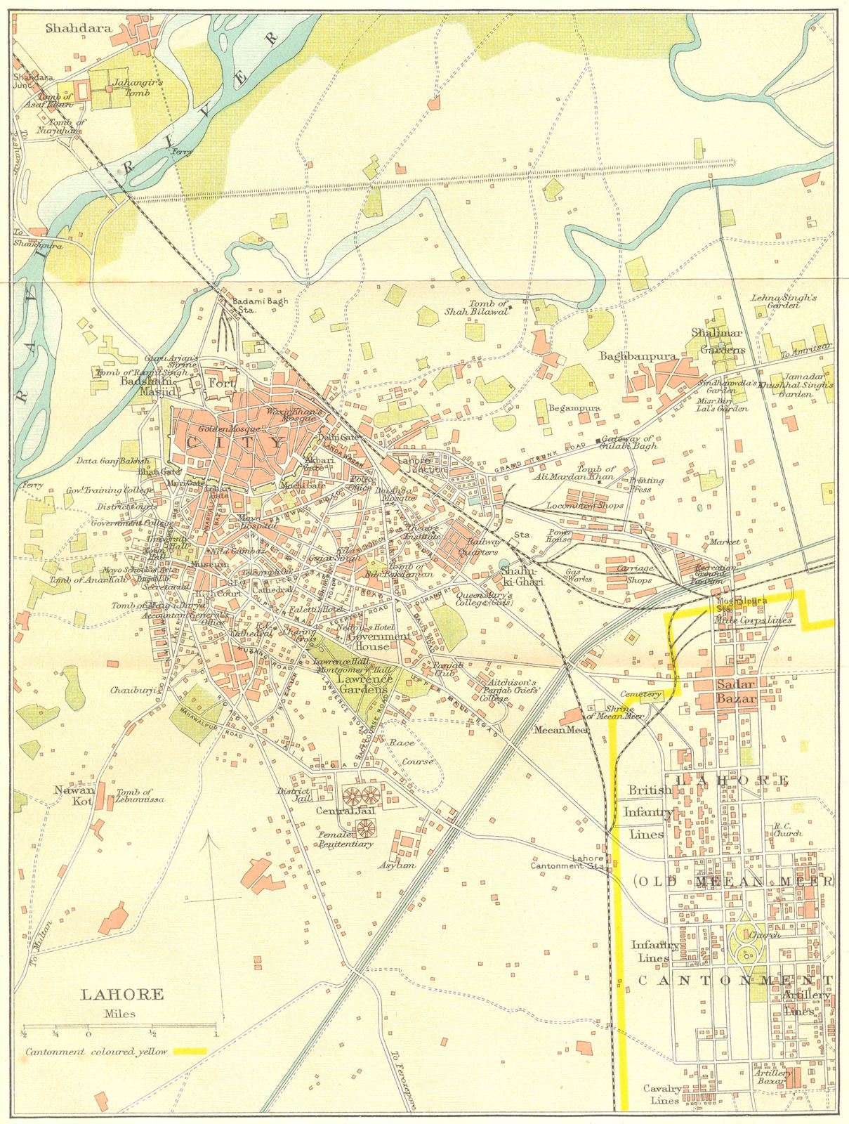 PAKISTAN. Lahore city plan showing the Old Meean Meer Cantonment 1924 map