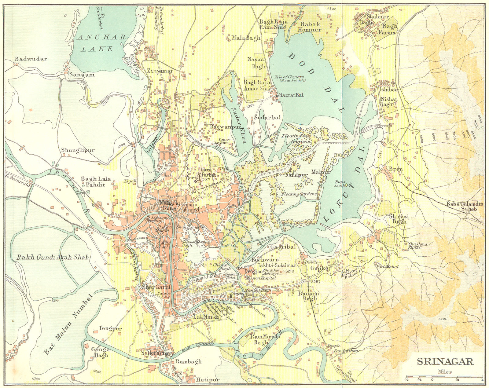 Associate Product INDIA. Srinagar city & environs plan. Kashmir 1924 old vintage map chart