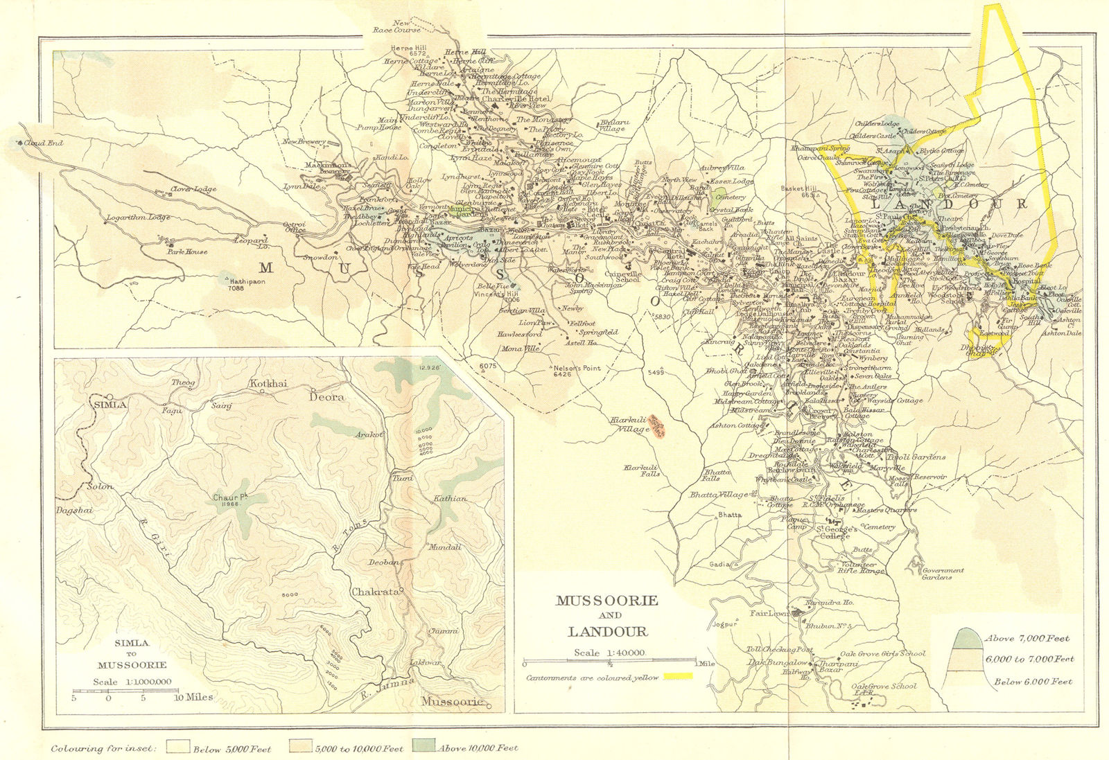 Associate Product INDIA. Mussoorie hill station & Landour cantonment. Route to Simla. 1924 map