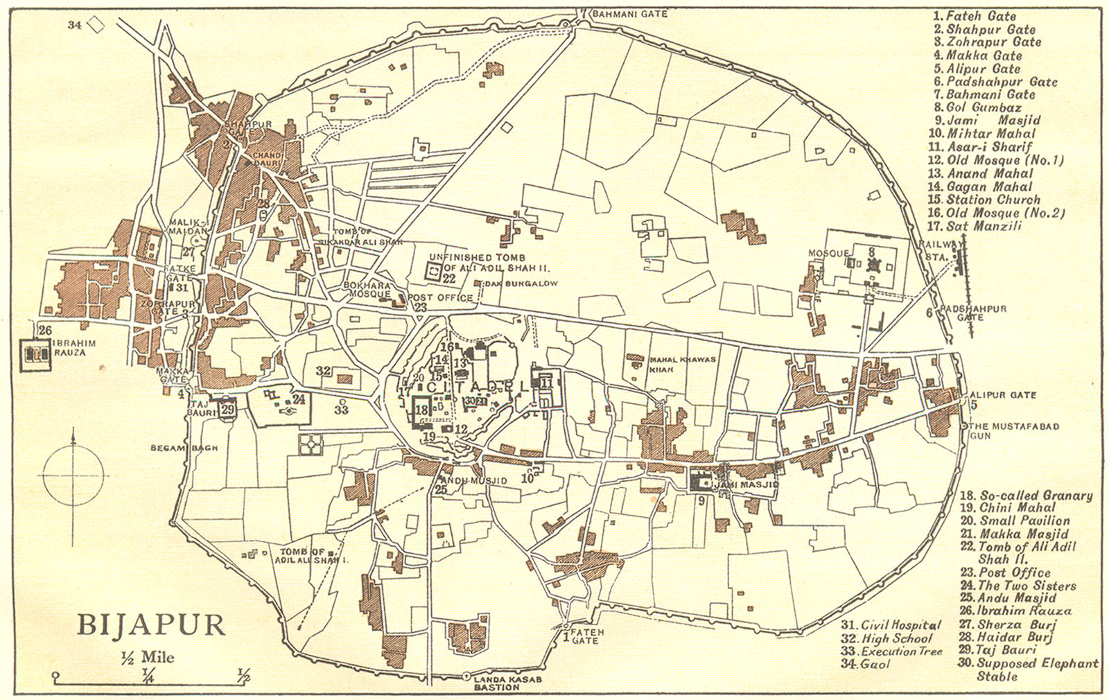 BRITISH INDIA. Bijapur city plan showing palaces/mahal mosques gates 1924 map