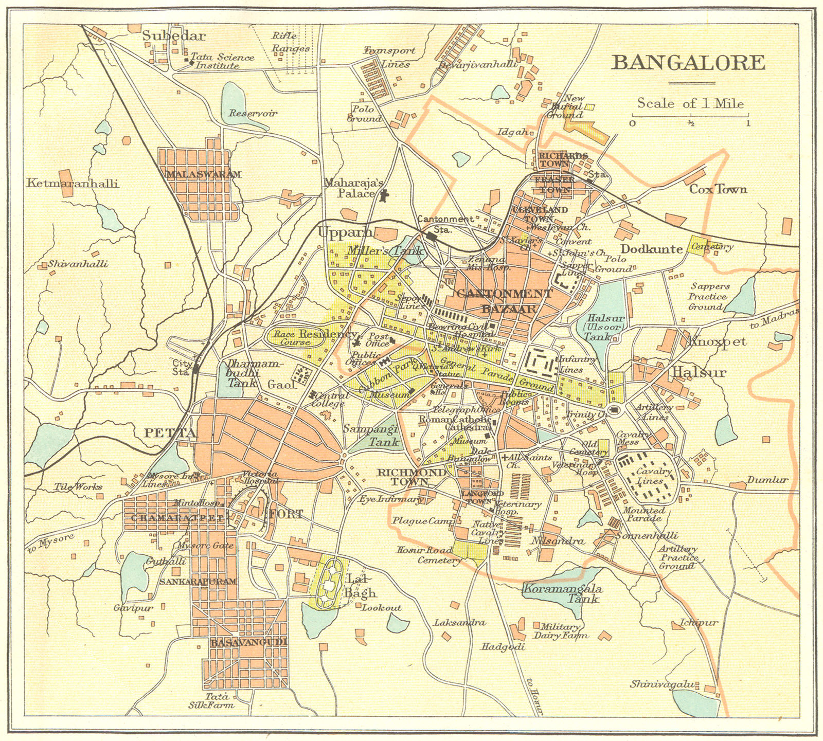 BRITISH INDIA. Bangalore (Bengaluru) city plan.Petta.Cantonment bazaar 1924 map