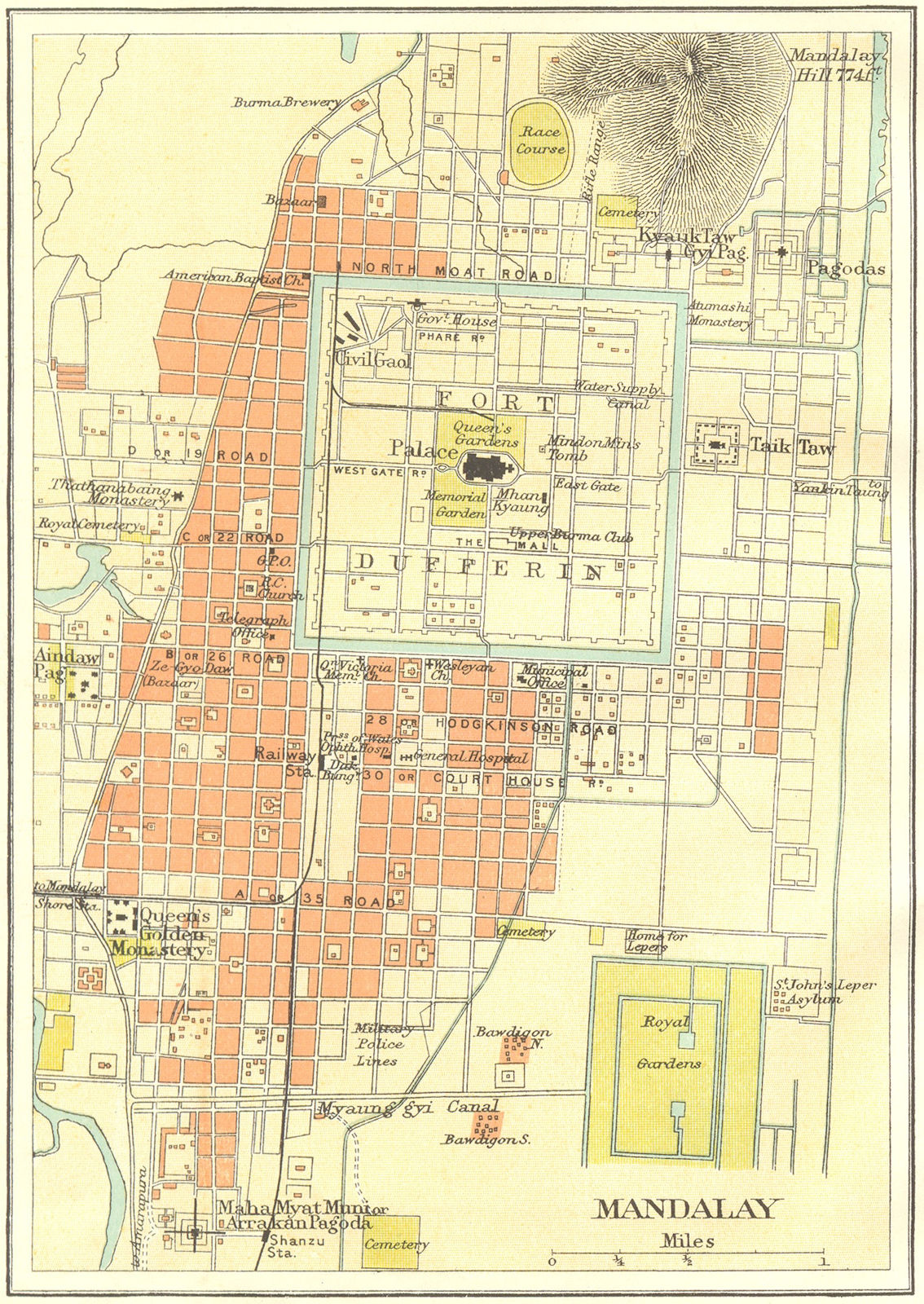 Associate Product BRITISH BURMA. Mandalay city plan. Myanmar.Fort Dufferin Royal Gardens 1924 map