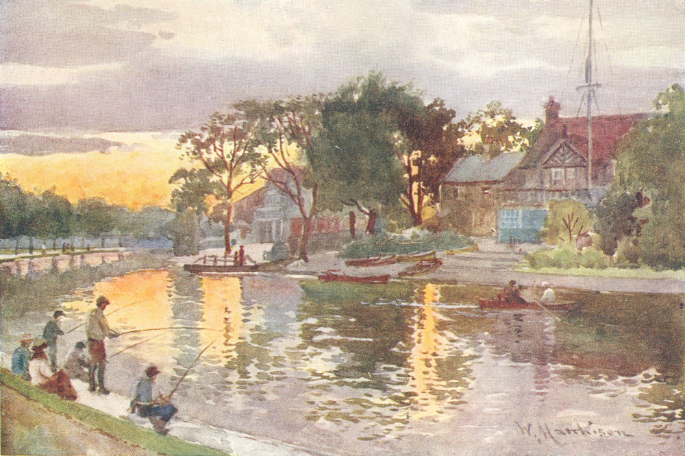 CAMBRIDGE. University Boat-houses, Cam-Sunset 1907 old antique print picture