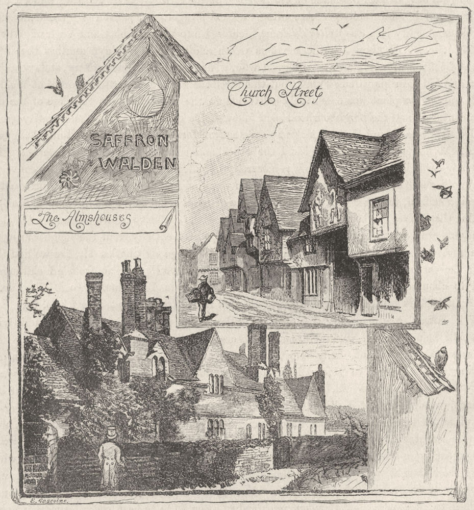 AUDLEY END SAFFRON WALDEN. Almshouses; Church St 1898 old antique print
