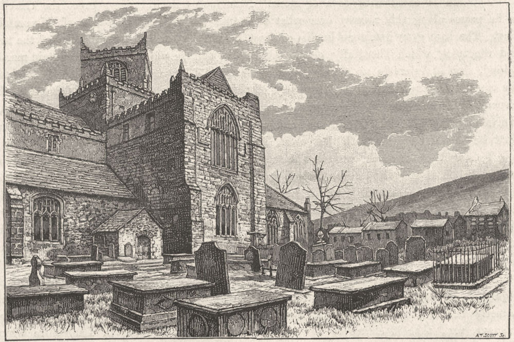 LANCS. Cartmel Church & village 1898 old antique vintage print picture