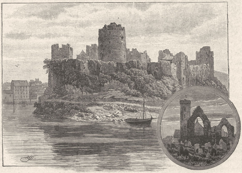 PEMBROKE. S shire. Pembroke Castle; Mouncton Priory 1898 old antique print