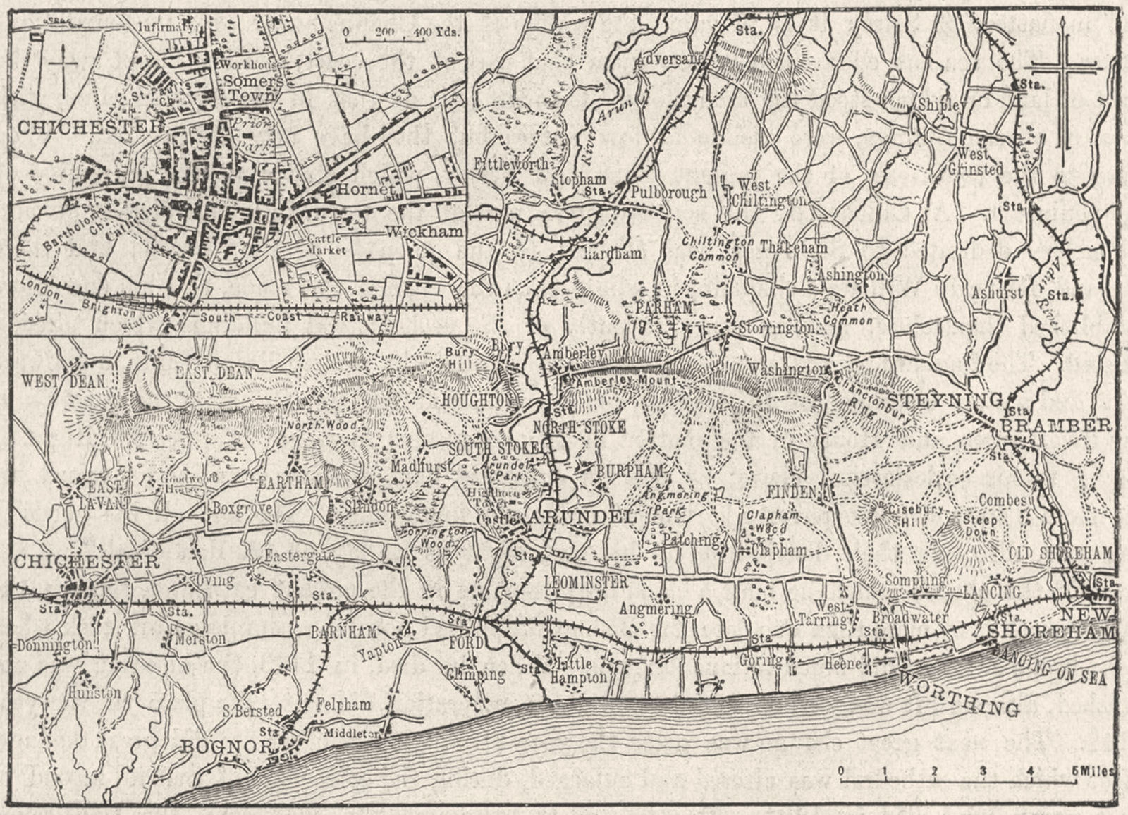 SUSSEX. Chichester & west, sketch map 1898 old antique vintage plan chart