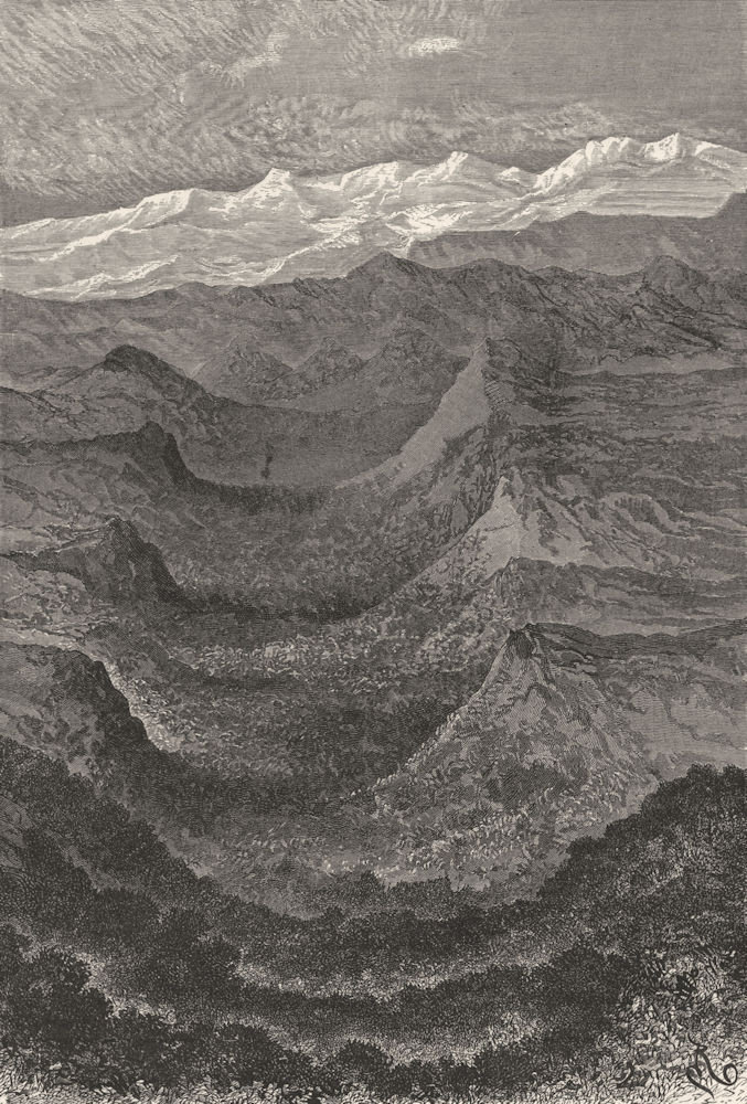 PERU. Bird's-Eye valley towards Cordillera 1880 old antique print picture