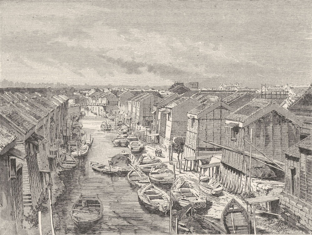JAPAN. A canal, Mercantile Tokyo 1880 old antique vintage print picture